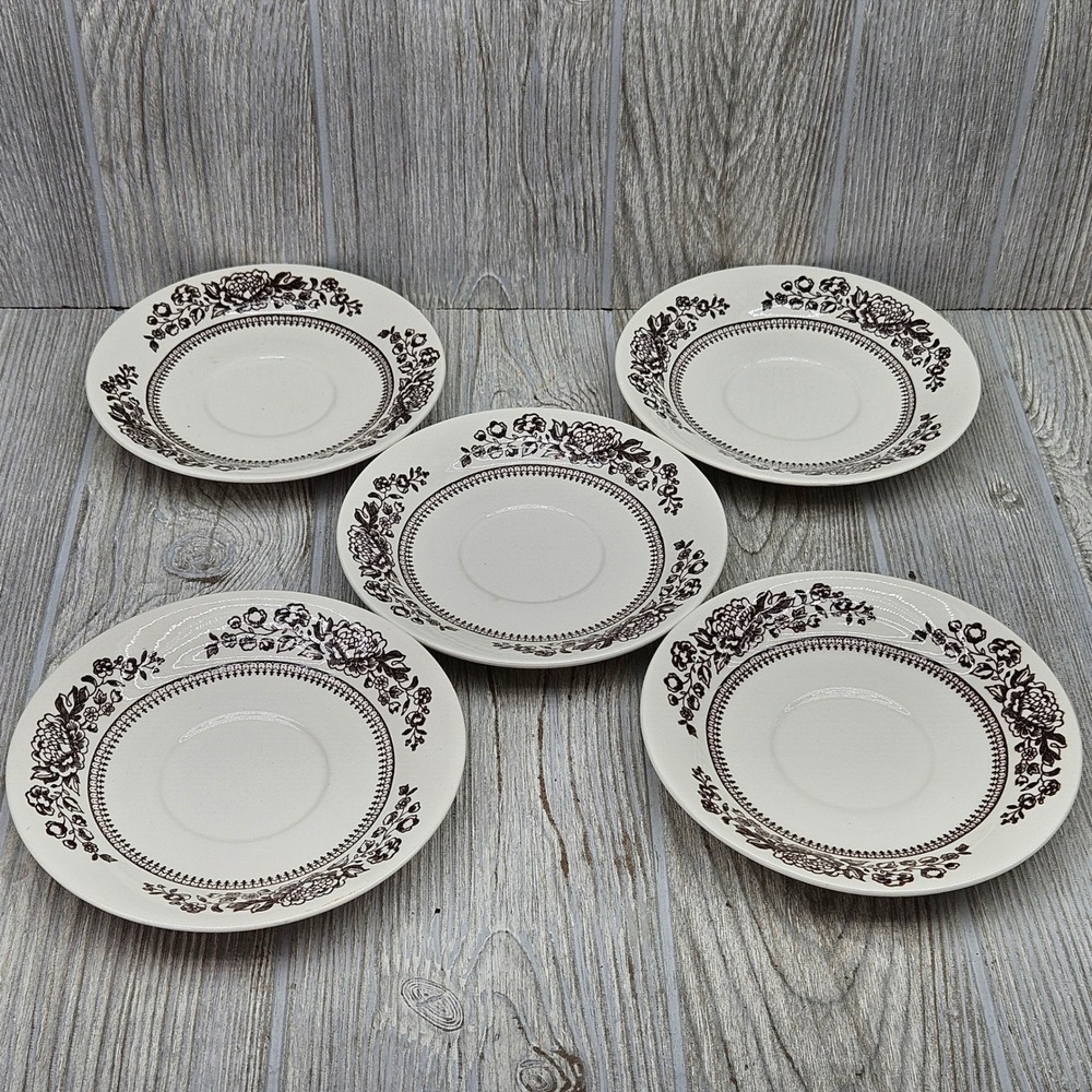 Royal China Sussex Ironstone Saucers Set of 5 Brown Floral USA Made 6in